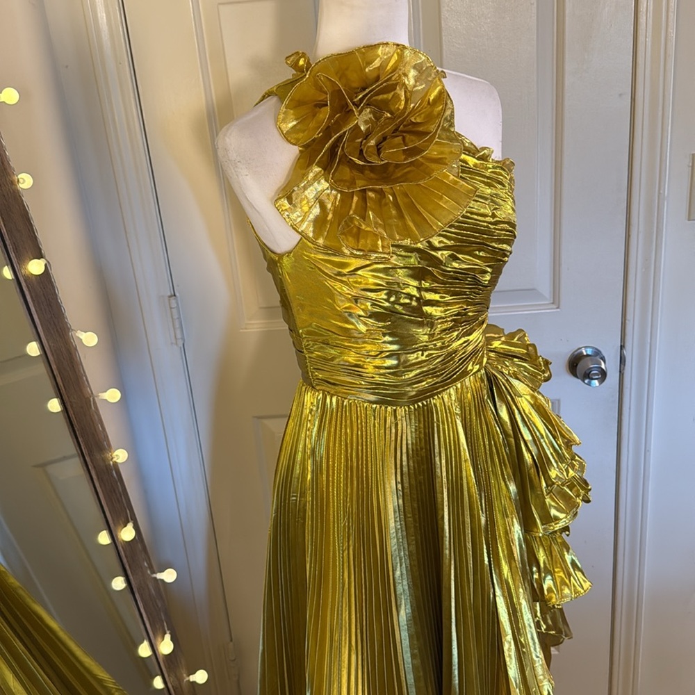 MAC DUGGAL Gold One Shoulder Pleated Ruffle Gown with Slit - Picture 6 of 17